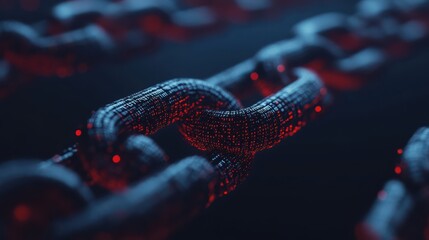 Close-up of digital chain links with glowing red binary code representing blockchain technology..