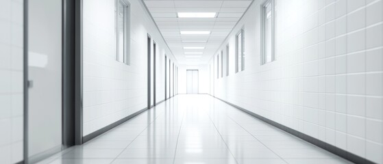 A long, white hallway with tiled walls and a tiled floor, leading to a bright light at the end.