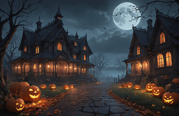 3d halloween render haunted house moon night pumpkin