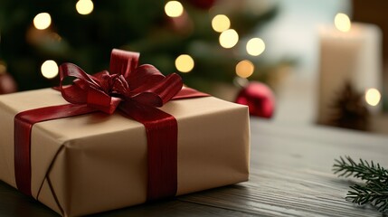 A brown box with a red ribbon on top of it. The box is sitting on a wooden table