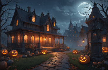 3d halloween render haunted house moon night pumpkin
