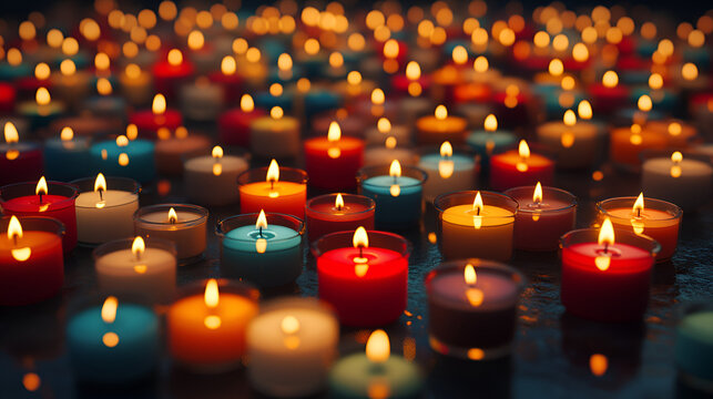 muchas veladoras encendidas de colores para decoracion veladoras para peticiones para oraciones en el altar con devocion y esperanza