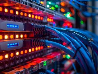 Close-up of network switches with glowing lights and blue Ethernet cables in a data center during evening hours