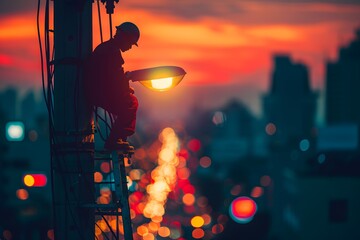 A Worker Adjusts a Streetlight Against a Stunning Sunset Backdrop