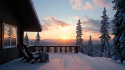 A cabin with a porch and two chairs. The sun is setting and the sky is orange. The trees are bare and covered in snow