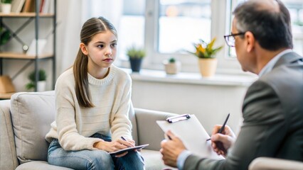 Depression Teenage girl sitting on armchair and talking about her problems to psychologist during consultation at office
