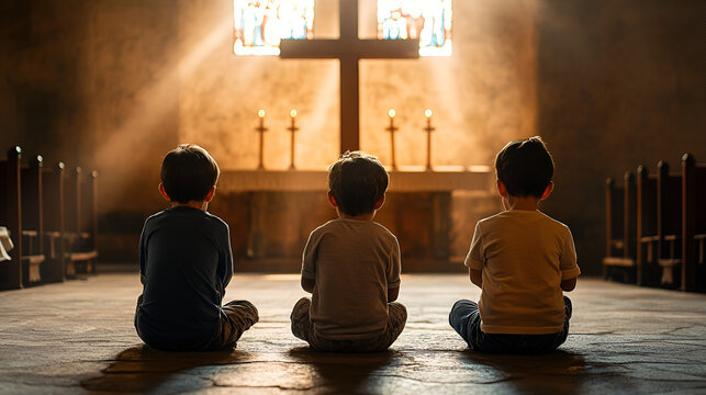 tres ni&ntilde;os hermanos amigos orando y rezando ante la cruz de Dios en la iglesia en una capilla con la luz del sol entrando por la ventana
