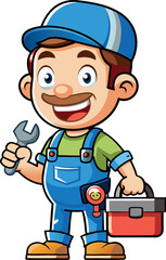 Smiling cartoon plumber holding wrench and carrying toolbox