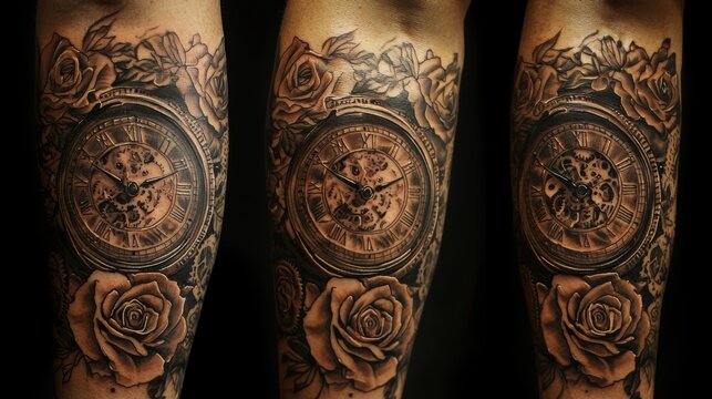 A forearm tattoo of a clock surrounded by roses, with detailed gears and petals intricately shaded