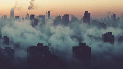 Close-up of smoke drifting through an urban environment, with the city skyline faintly visible through the hazy, thick smoke.