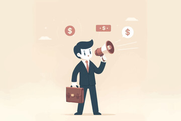 illustration of money scattered around and a smart businessman using a megaphone to market the company's products