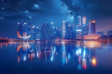 Fototapeta premium Stunning Nightscape of a Modern City Skyline Reflected in Water