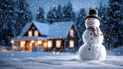 A snowman with a hat and scarf stands in front of a house. The scene is set in a snowy landscape, with the snowman being the main focus of the image. The house in the background adds a sense of warmth