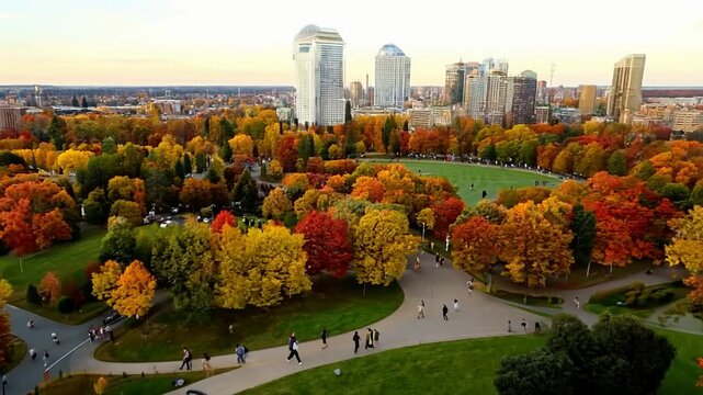 Autumn colors in the park with city skyline views in Montreal in late afternoon
