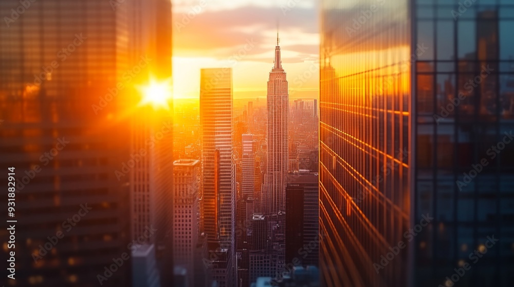 Poster Close-up of the sun setting between skyscrapers, with the building edges creating a natural frame for the warm, colorful sunset and the city skyline.