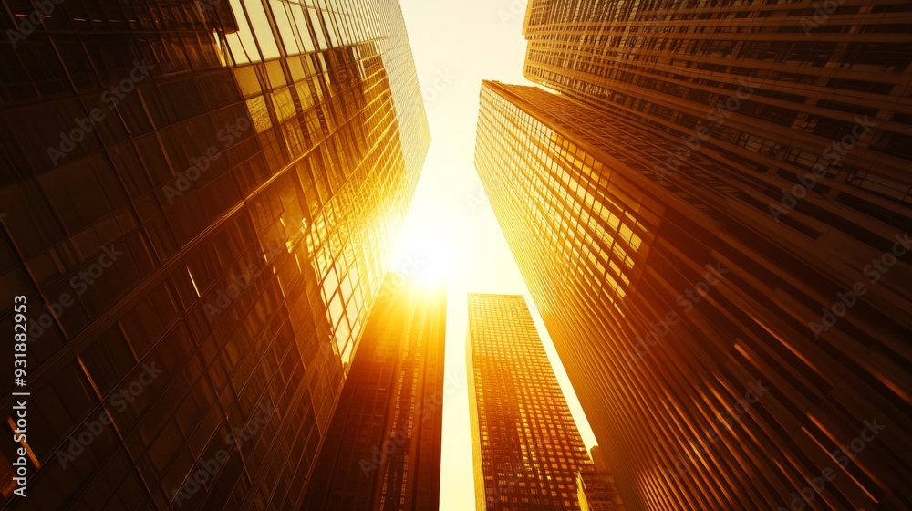 Poster close-up of the sun setting between two tall skyscrapers, casting a golden glow and creating dramati