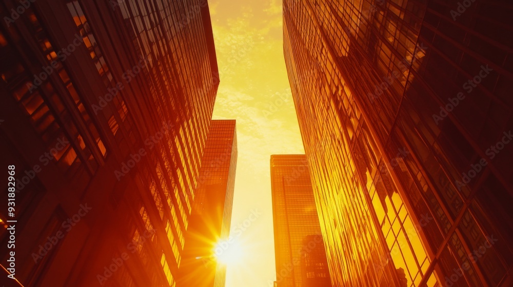 Poster close-up of the sun setting between two tall skyscrapers, casting a golden glow and creating dramati