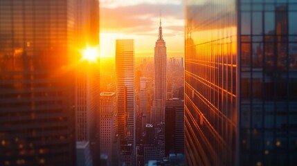 Obraz premium Close-up of the sun setting between skyscrapers, with the building edges creating a natural frame for the warm, colorful sunset and the city skyline.