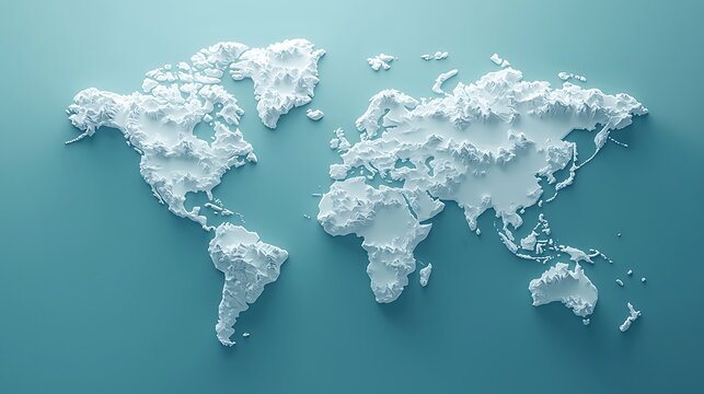 Fototapeta White 3D World Map on Teal Background: A 3D white world map on a teal background, combining geographical detail with modern color schemes.