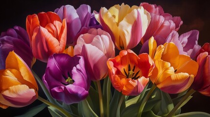 Fototapeta premium Close-up view of a cluster of colorful tulips with rich, saturated hues and smooth, velvety petals, capturing their elegance and charm.