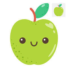 A green apple with kawaii eyes. Flat vector illustration of a cute apple on a white background.	