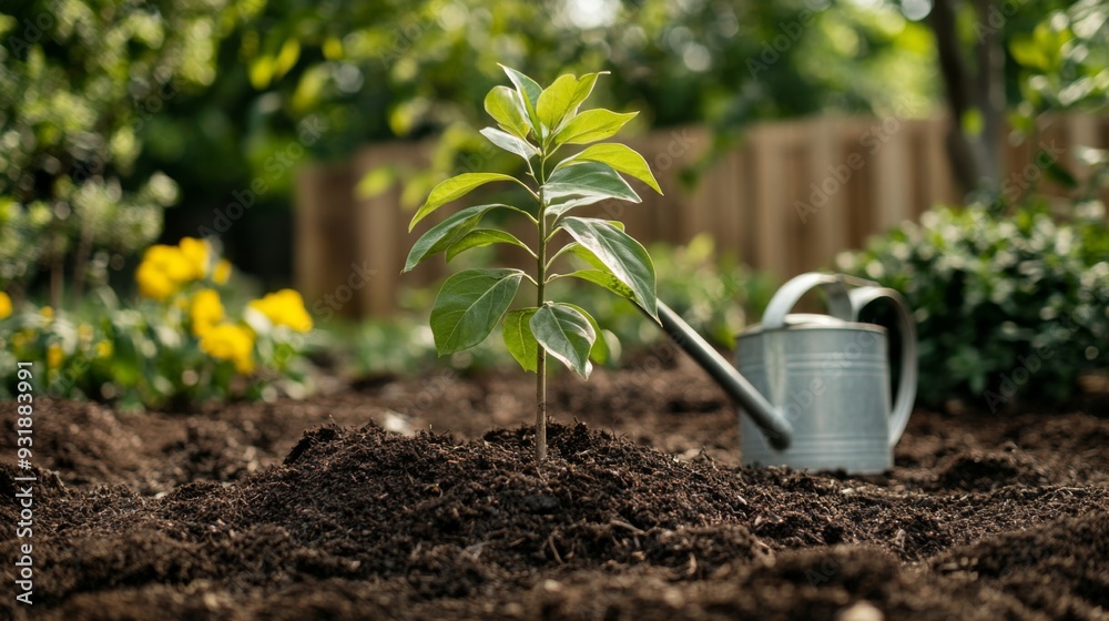 Poster Close-up view of a newly planted tree surrounded by mulch and watering can, illustrating the care and attention given to nurturing the sapling.