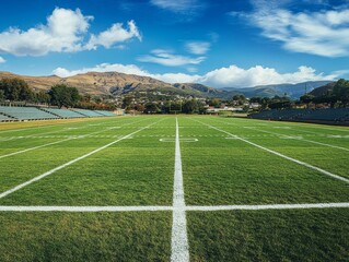 Obraz premium A Low Angle Perspective of a Green Football Field with White Lines and a Mountain Range in the Background