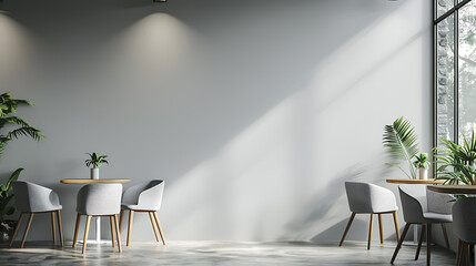 A minimalist cafe interior with two tables and chairs, perfect for a coffee break or casual meeting.