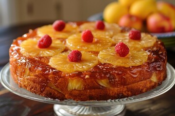 Classic Homemade Pineapple Upside-Down Cake with Cherries and Raspberries