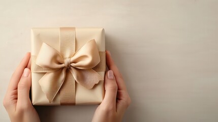A person is holding a gift box with a bow on it. The box is wrapped in gold paper and the bow is tied in a bow. The person is holding the box with both hands