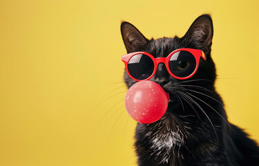 A black cat wearing red sunglasses blows a red bubble gum bubble against a yellow background. Pet. Animals.