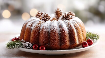 A white plate with a bundt cake covered in powdered sugar and pine cones. The cake is placed on a wooden table