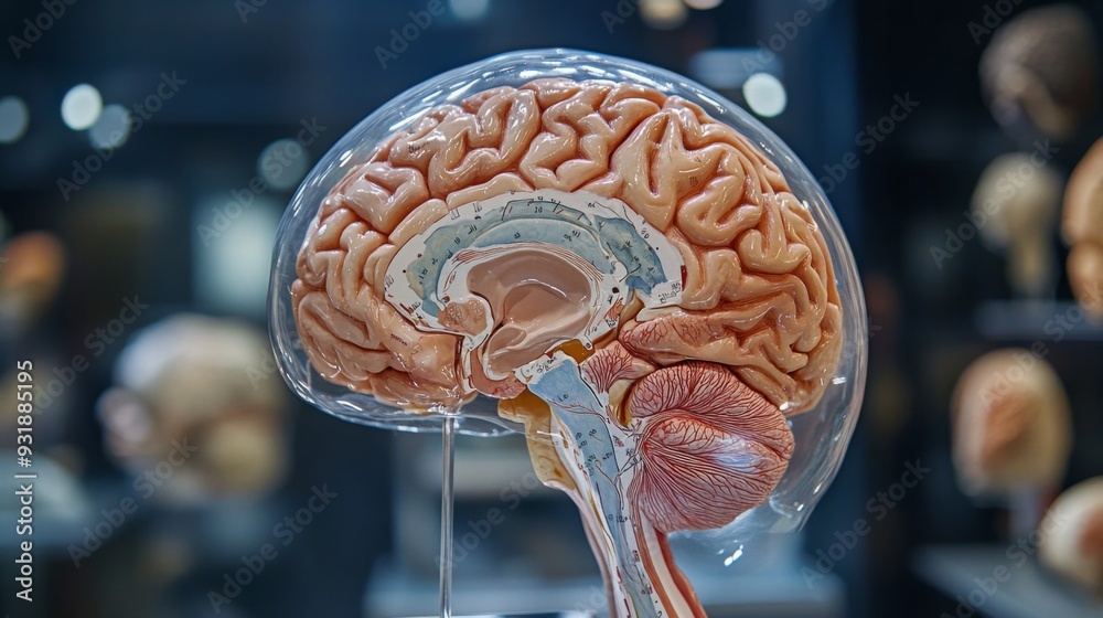 Poster detailed image of a human brain model with clear anatomical labeling, showcasing the various regions