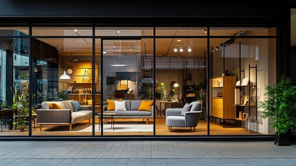A furniture store storefront with large glass windows displaying stylish living room setups and home decor items