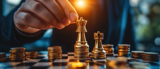 Golden Chess Pieces on a Chessboard with Stacks of Coins