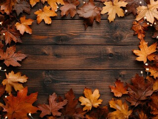 Obraz premium Autumnal Maple Leaves Frame on Rustic Wood with String Lights Top View Flat Lay Cozy Fall Background