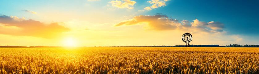 Naklejka premium Golden wheat field under a vibrant sunset sky, with a windmill silhouette in the distance, capturing serene rural beauty.