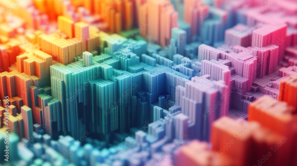 Poster Detailed shot of a 3D stacked graph with layers of data blocks, each section in a different color, representing complex information in an easy-to-understand format.