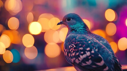 Detailed shot of a beautiful bird in profile, with a background of blurred, colorful lights that enhance the bird's natural beauty and vivid colors.