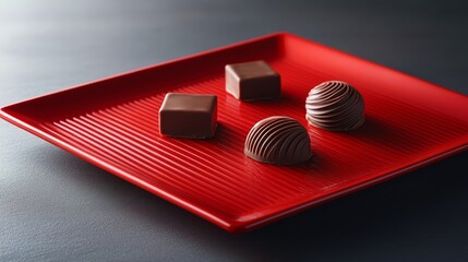 Chocolates on a Red Plate A High Angle Perspective with a Focus on Texture and Form