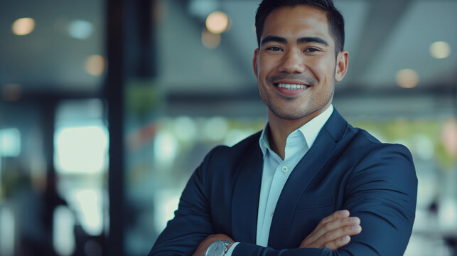 Portrait of a successful businessman, standing while crossed hands, smiling, happy, busines concept