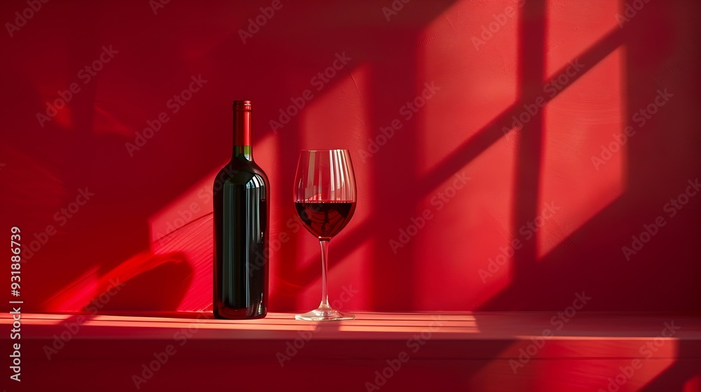 Poster bottle and glass of red wine on a red background copy space : generative ai