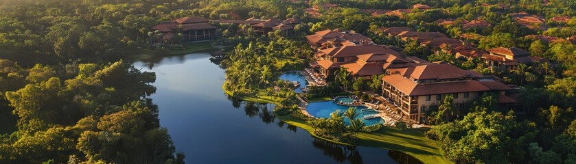 Fototapeta premium Aerial View of a Resort with a Winding Lake and Lush Greenery