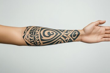 Arm with tribal tattoo on white background