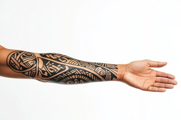 Arm with tribal tattoo on white background