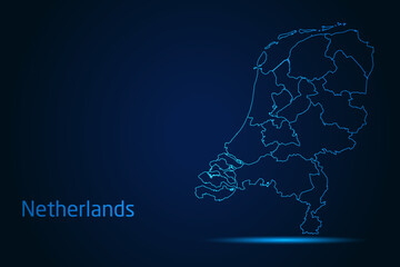 Abstract High Detailed Glow Blue Map on Dark Background of Map of Netherlands symbol for your web site design map logo, app, Travel. Vector illustration eps 10.	
