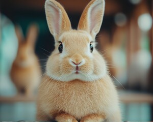 Obraz premium Closeup Portrait of a Curious Brown Rabbit with Large Ears and Vibrant Eyes Blurred Background Soft Focus Captivating Gaze