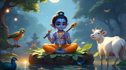 Illustration of Happy Janmashtami festival of India, Lord Krishna playing flute. Happy Janmashtam background, web banner, poster etc