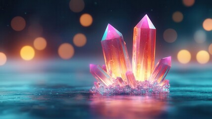 Luminescent mineral crystals growing from a chemical solution, glowing vibrantly, 3D illustration