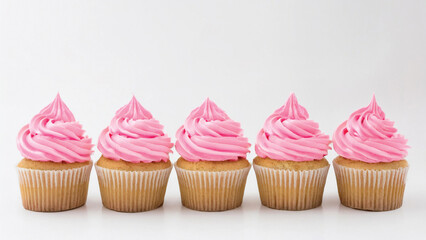 Line of Five Vanilla Cupcakes with Pink Frosting on a White Background with Copyspace